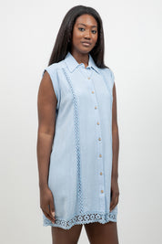 Linen Blend Sleeveless Button Down Shirtdress with Lace Detail