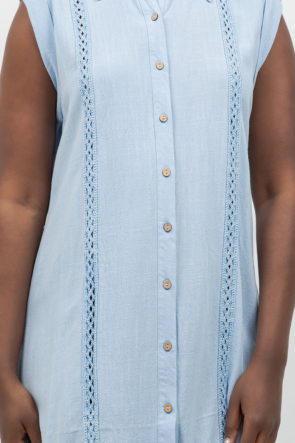Linen Blend Sleeveless Button Down Shirtdress with Lace Detail
