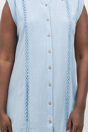 Linen Blend Sleeveless Button Down Shirtdress with Lace Detail