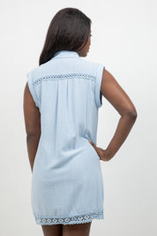 Linen Blend Sleeveless Button Down Shirtdress with Lace Detail