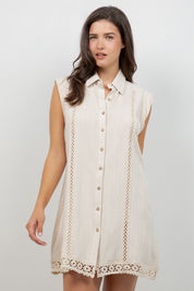 Linen Blend Sleeveless Button Down Shirtdress with Lace Detail