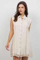 Linen Blend Sleeveless Button Down Shirtdress with Lace Detail