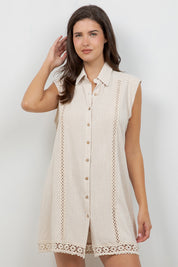 Linen Blend Sleeveless Button Down Shirtdress with Lace Detail