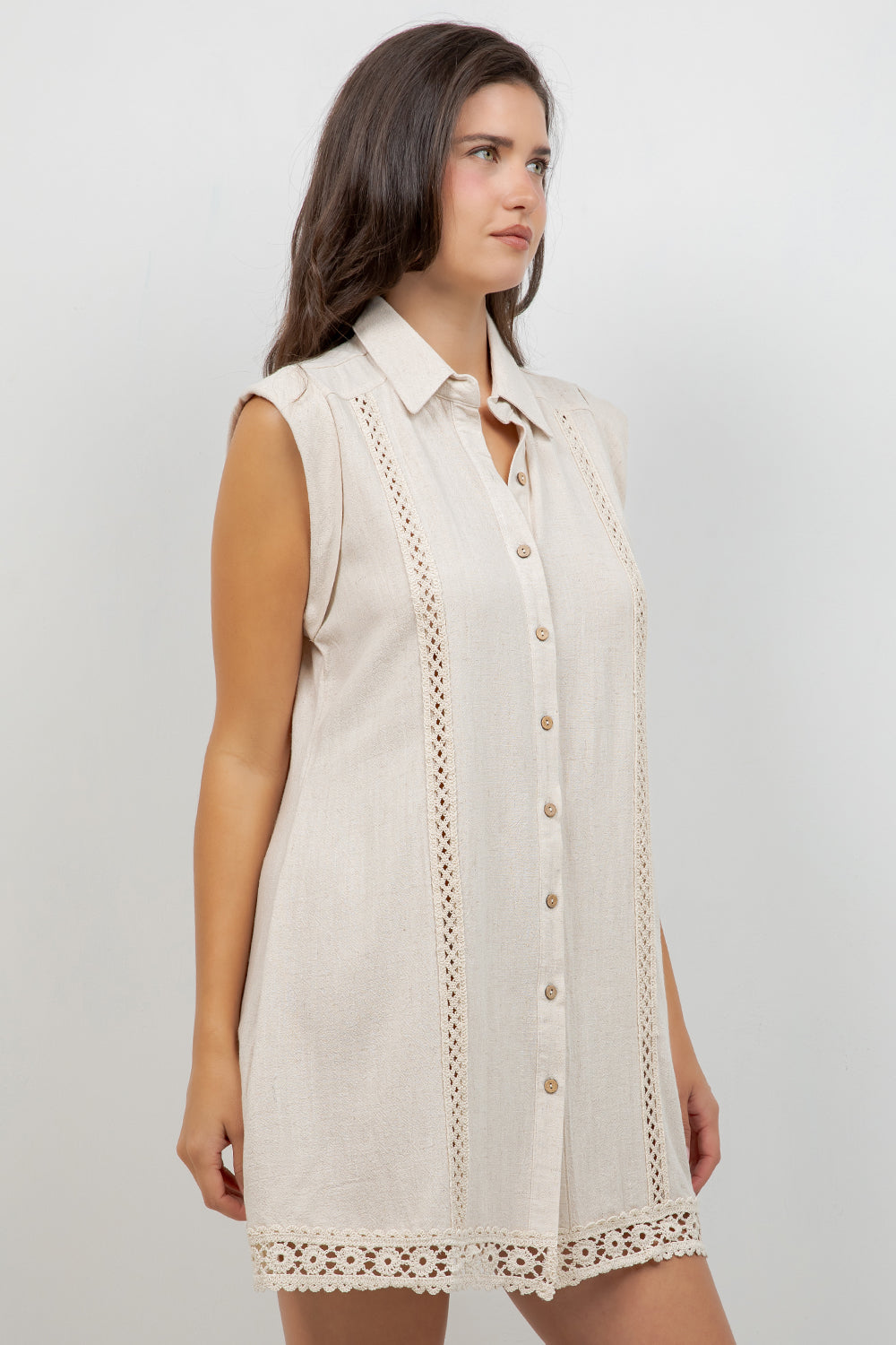 Linen Blend Sleeveless Button Down Shirtdress with Lace Detail