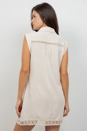 Linen Blend Sleeveless Button Down Shirtdress with Lace Detail
