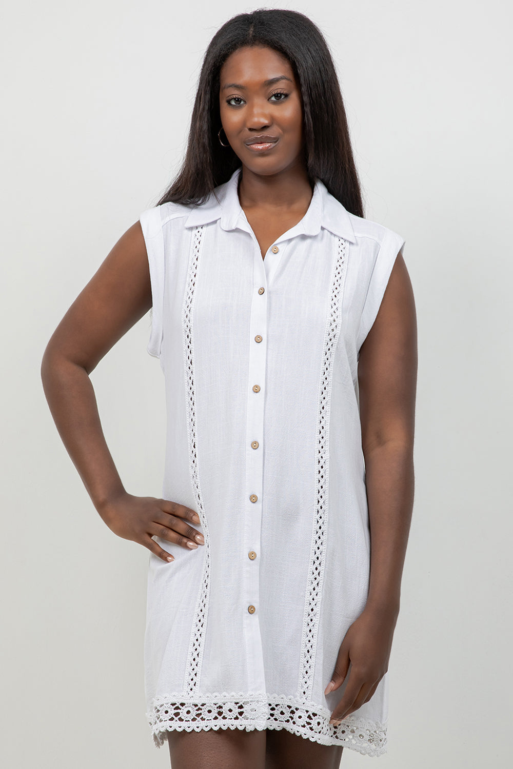 Linen Blend Sleeveless Button Down Shirtdress with Lace Detail