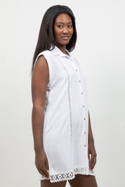 Linen Blend Sleeveless Button Down Shirtdress with Lace Detail