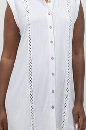 Linen Blend Sleeveless Button Down Shirtdress with Lace Detail