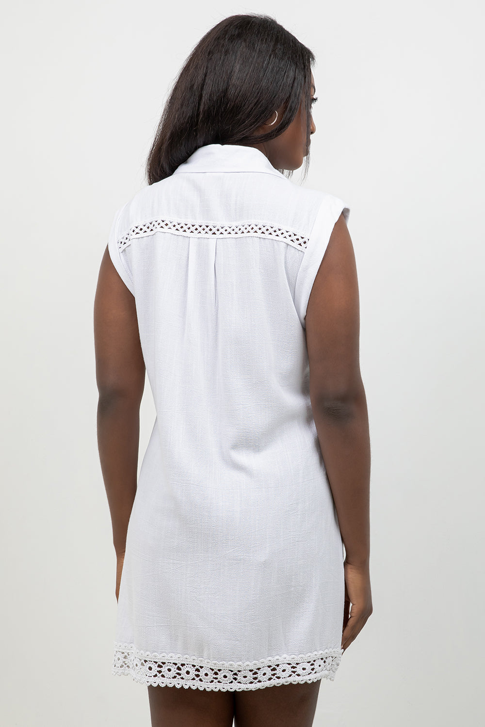 Linen Blend Sleeveless Button Down Shirtdress with Lace Detail