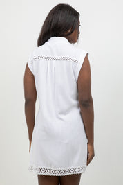 Linen Blend Sleeveless Button Down Shirtdress with Lace Detail