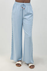 Linen Blend Drawstring Pants with Lace Detail