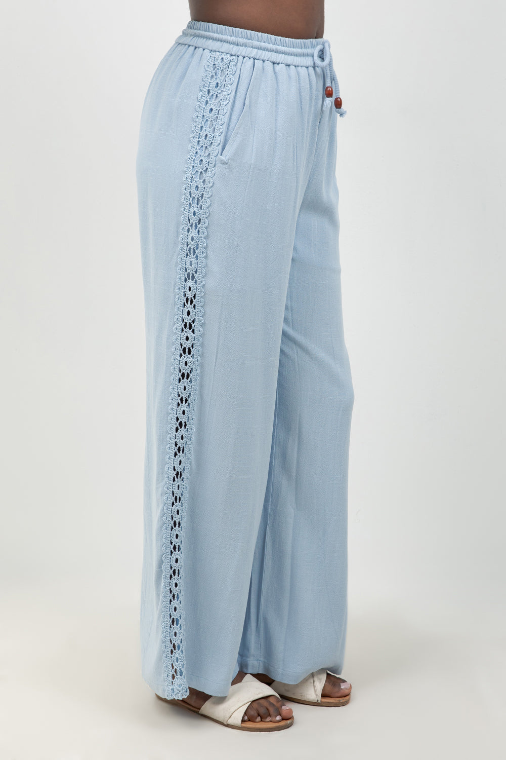 Linen Blend Drawstring Pants with Lace Detail