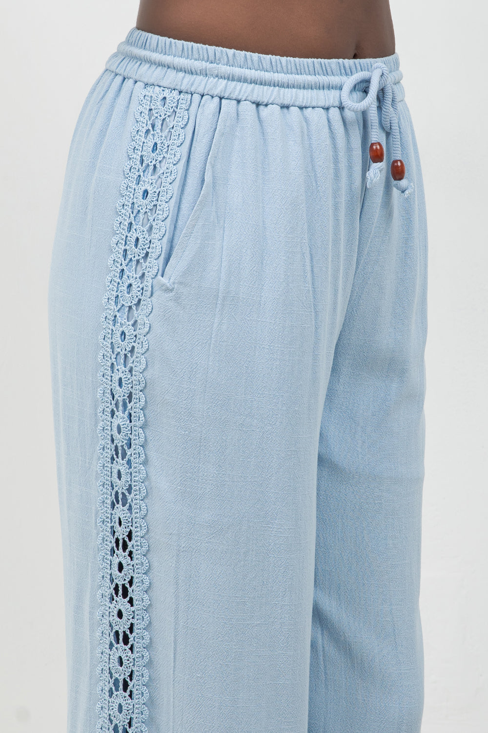 Linen Blend Drawstring Pants with Lace Detail
