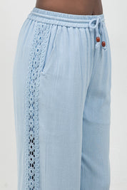 Linen Blend Drawstring Pants with Lace Detail