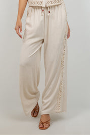 Linen Blend Drawstring Pants with Lace Detail
