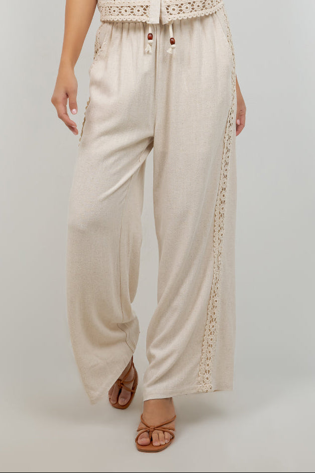 Linen Blend Drawstring Pants with Lace Detail