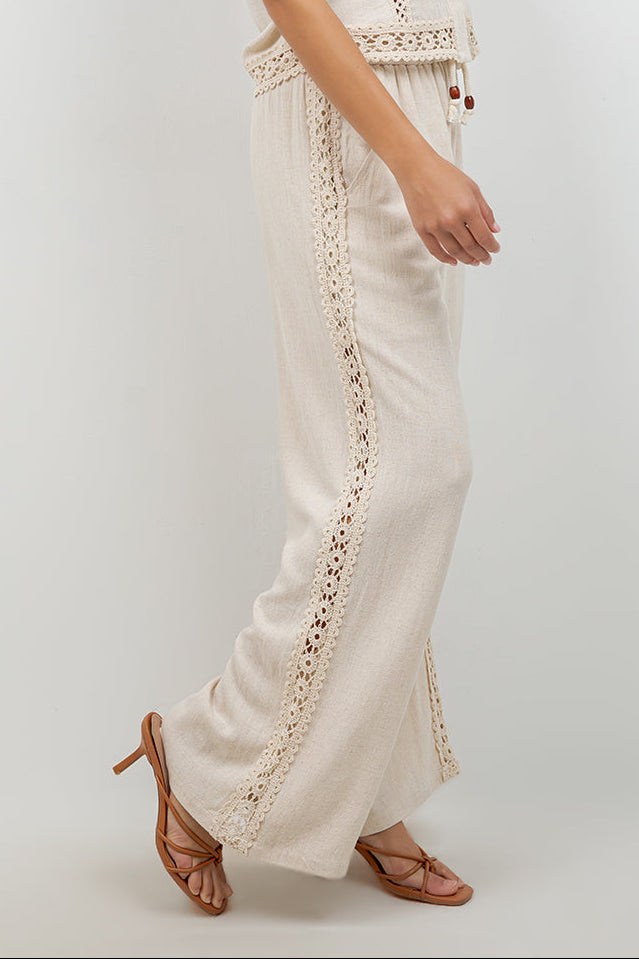Linen Blend Drawstring Pants with Lace Detail