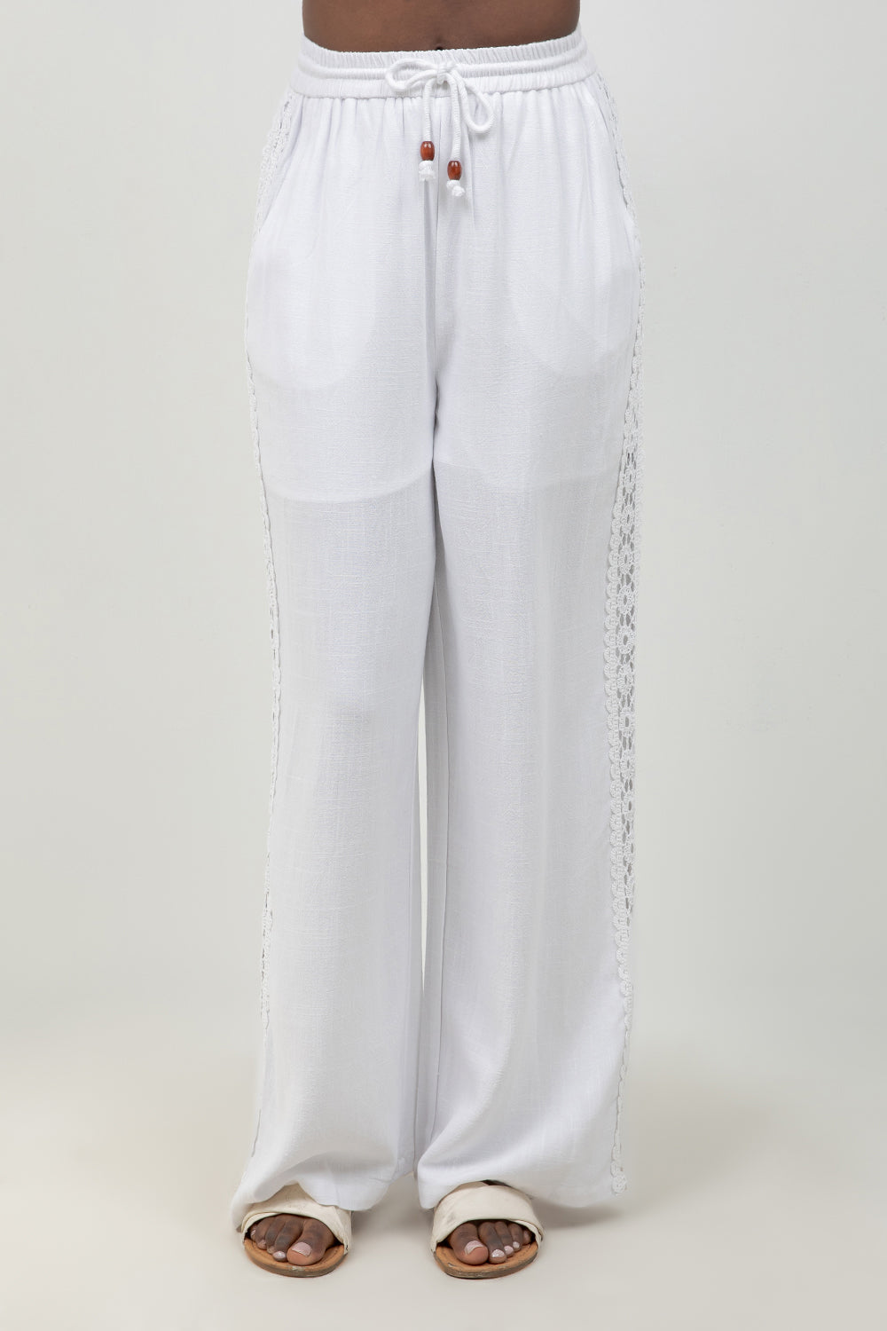Linen Blend Drawstring Pants with Lace Detail