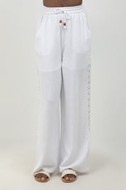 Linen Blend Drawstring Pants with Lace Detail