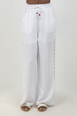 Linen Blend Drawstring Pants with Lace Detail