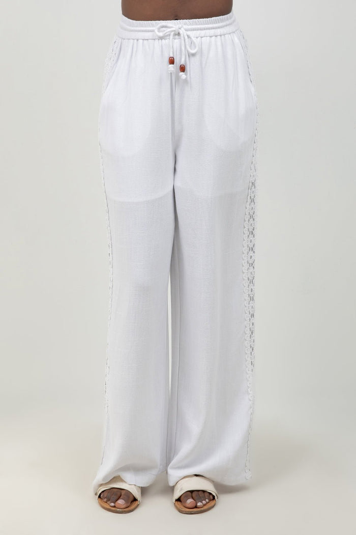 Linen Blend Drawstring Pants with Lace Detail