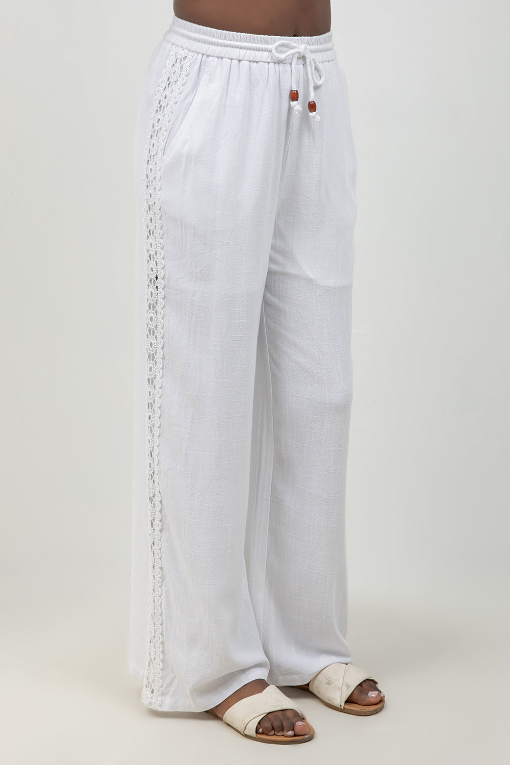 Linen Blend Drawstring Pants with Lace Detail