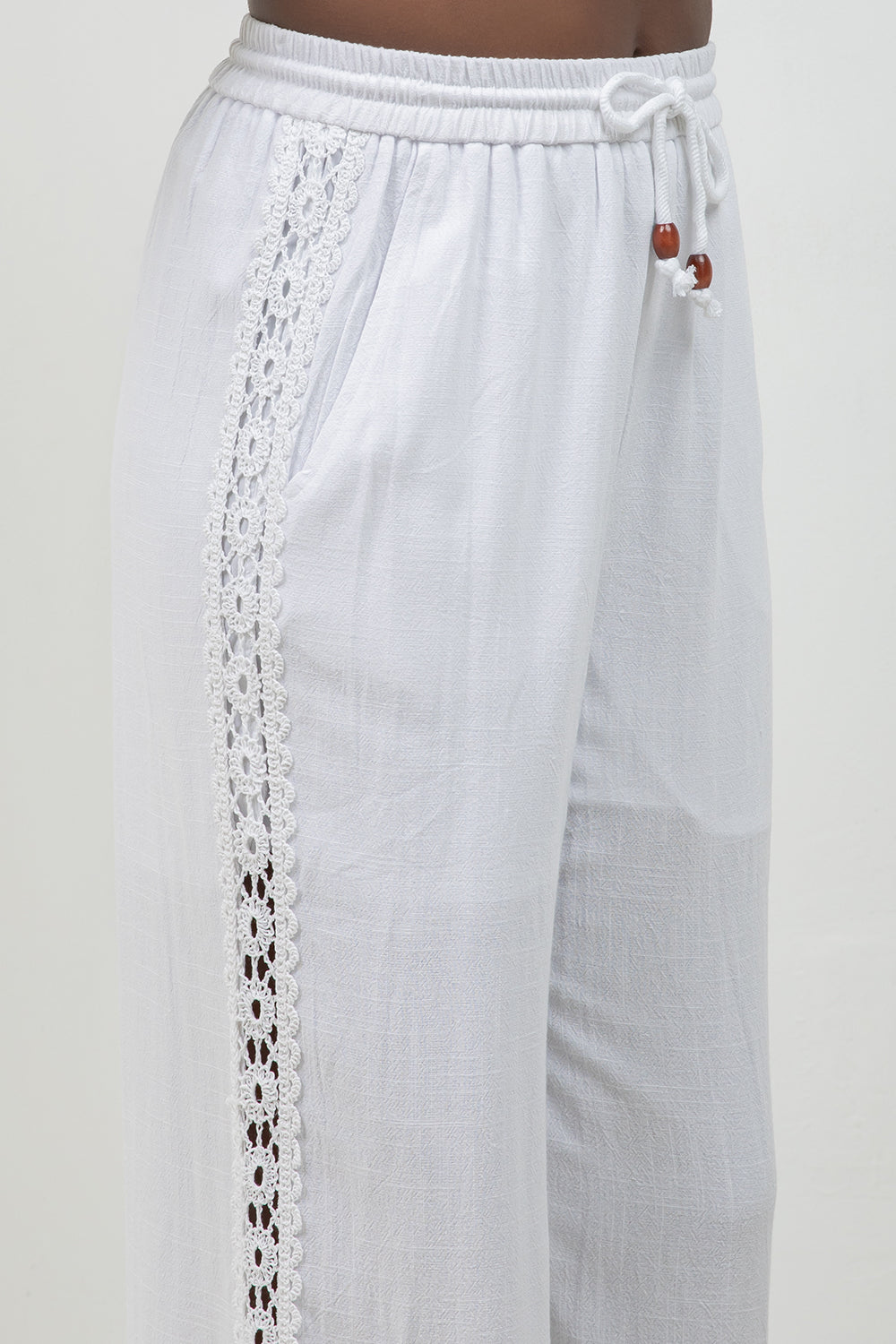 Linen Blend Drawstring Pants with Lace Detail