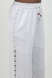 Linen Blend Drawstring Pants with Lace Detail