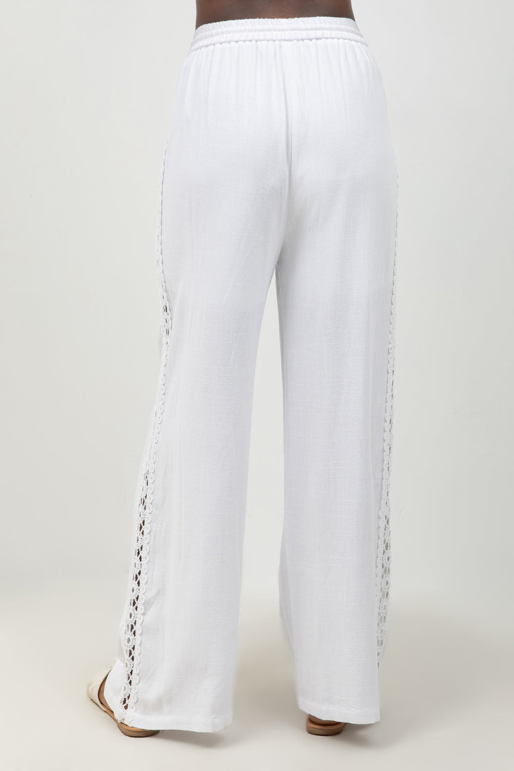 Linen Blend Drawstring Pants with Lace Detail