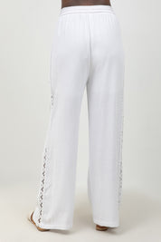 Linen Blend Drawstring Pants with Lace Detail
