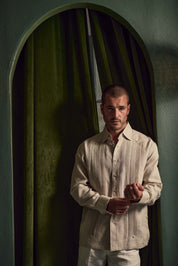 Men’s 100% Linen Formal Guayabera Long Sleeve Pleated Shirt with French Cuffs