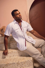 Mojito Men's 100% Linen Guayabera Chacabana Shirt Short Sleeve with Print Trim Accent