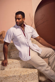Mojito Men's 100% Linen Guayabera Chacabana Shirt Short Sleeve with Print Trim Accent