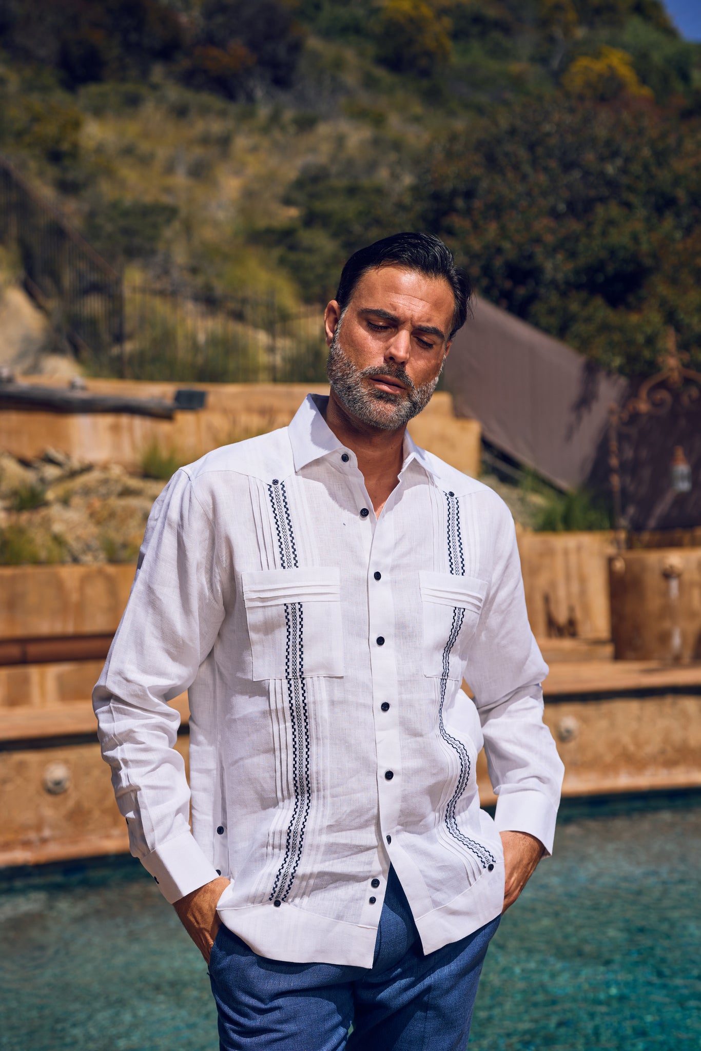 Men's 100% Linen Guayabera Shirt Long Sleeve with Embroidered Trim