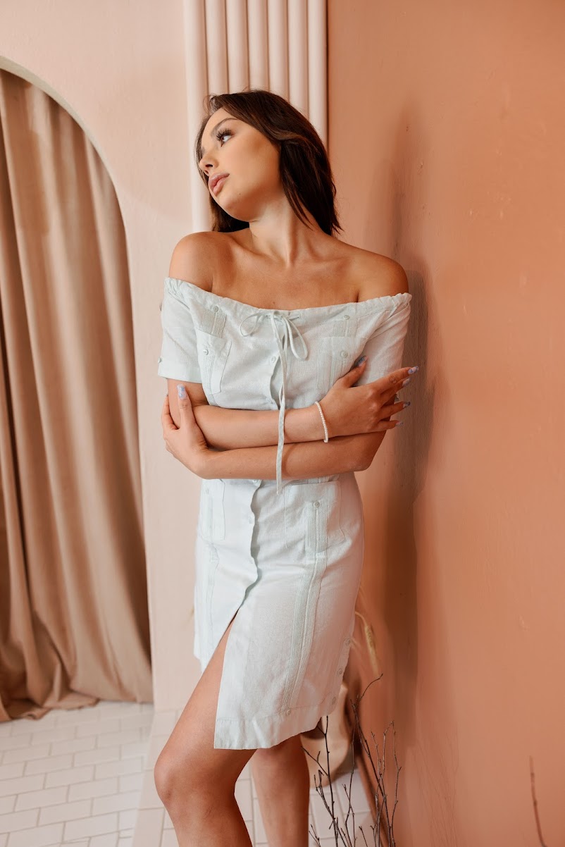 Mojito Women's Guayabera Dress Sexy Off Shoulder Linen Blend Button Down