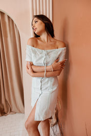 Mojito Women's Guayabera Dress Sexy Off Shoulder Linen Blend Button Down