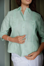 Camisa tradicional guayabera para mujer, premium, 100 % lino, mangas 3/4, tallas XS-3X