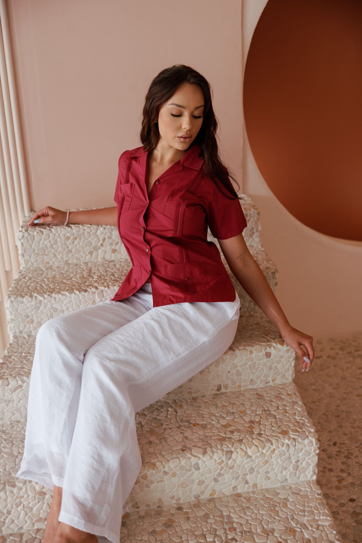 Camisa Guayabera Tradicional Mojito para Mujer, Mezcla de Algodón, Diseño de 4 Bolsillos, Manga Corta