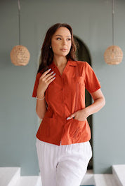 Camisa Guayabera Tradicional Mojito para Mujer, Mezcla de Algodón, Diseño de 4 Bolsillos, Manga Corta