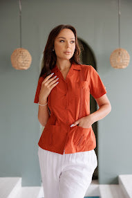 Camisa Guayabera Tradicional Mojito para Mujer, Mezcla de Algodón, Diseño de 4 Bolsillos, Manga Corta