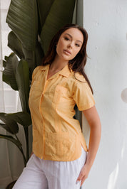 Camisa Guayabera Tradicional Mojito para Mujer, Mezcla de Algodón, Diseño de 4 Bolsillos, Manga Corta