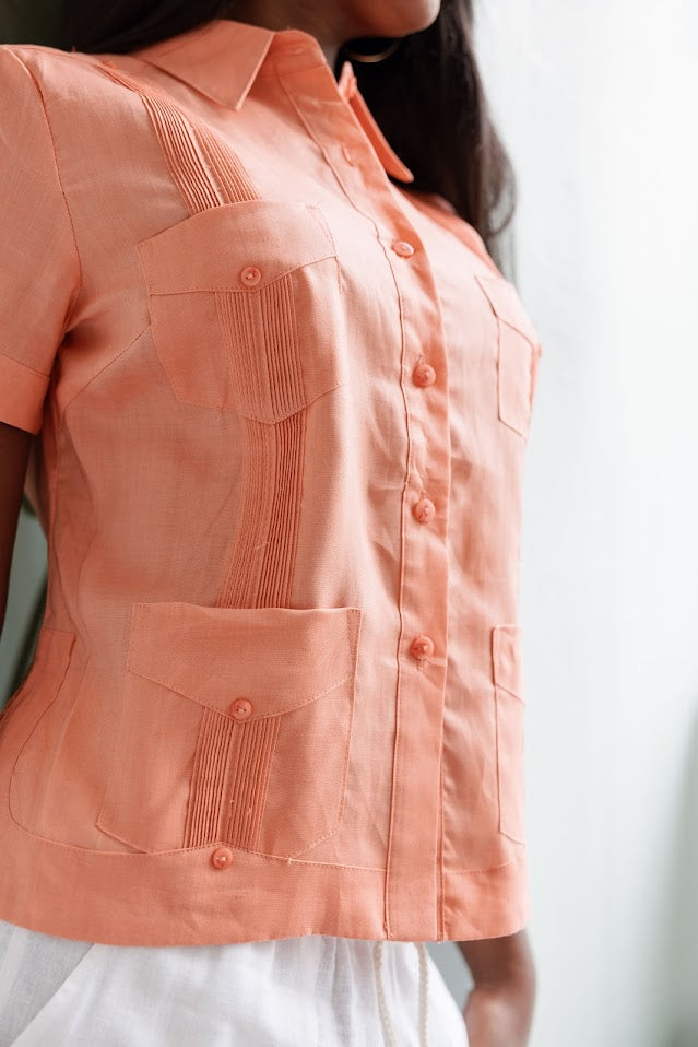 Camisa tradicional guayabera para mujer, premium, 100 % lino, manga corta, tallas XS-3X