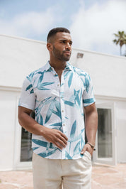 Mojito Men's Resort Style Casual Linen Blend Colorful Tropical Leaf Print Shirt