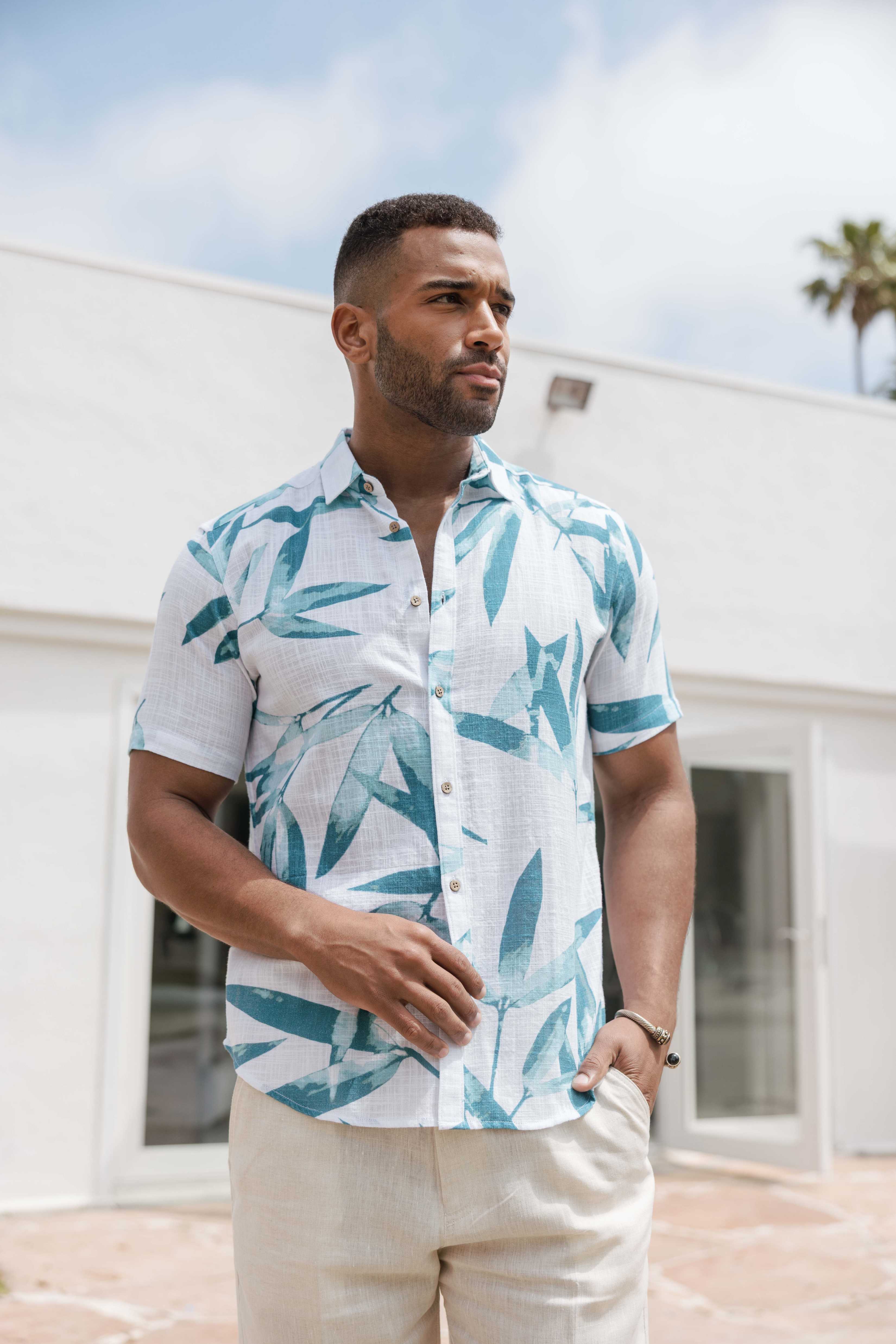 Mojito Men's Resort Style Casual Linen Blend Colorful Tropical Leaf Print Shirt