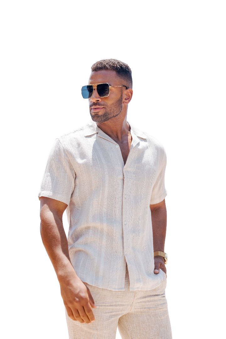 Mojito Men's Resort Style Casual Striped Multi-Texture Weave Linen Blend Shirt