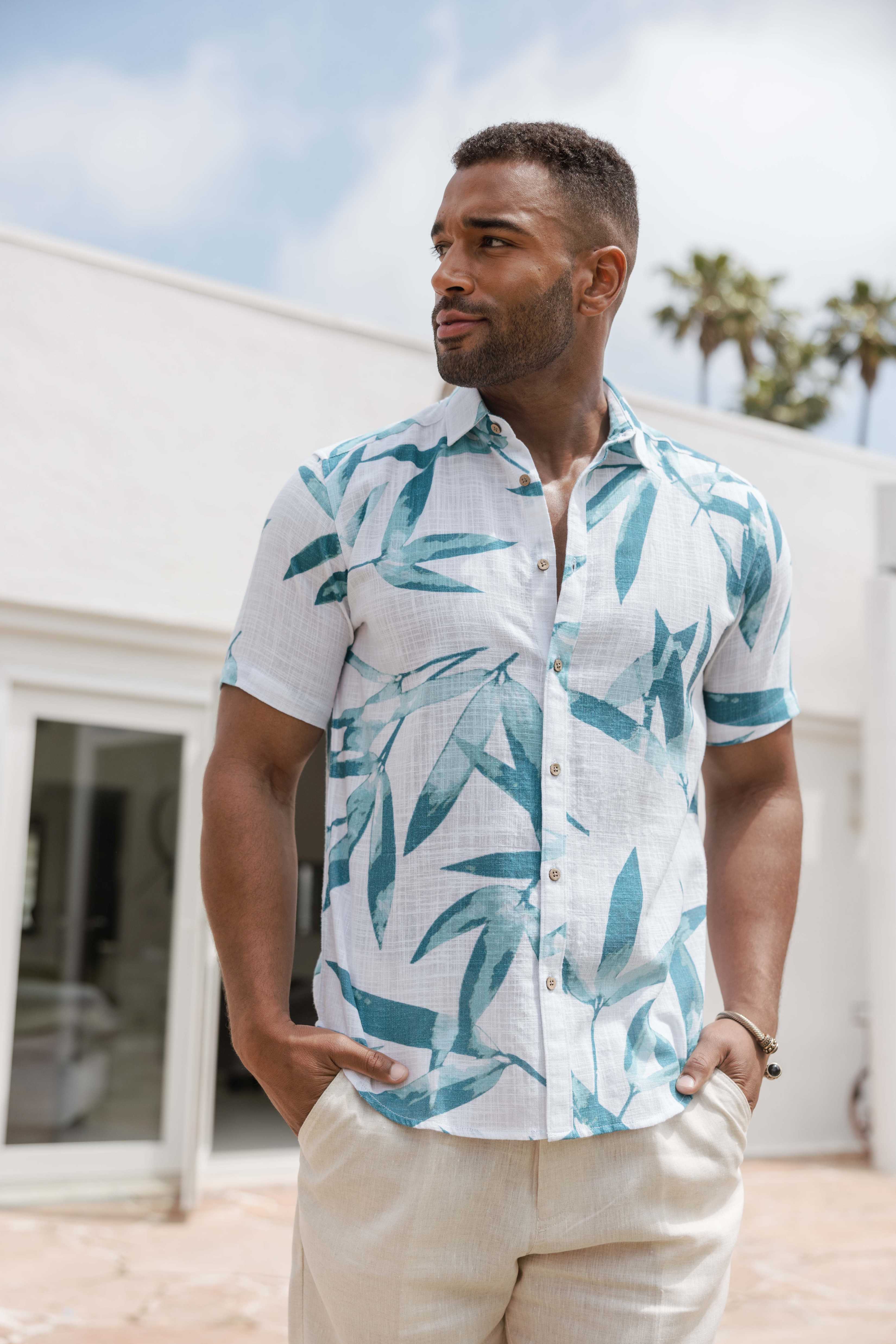 Mojito Men's Resort Style Casual Linen Blend Colorful Tropical Leaf Print Shirt