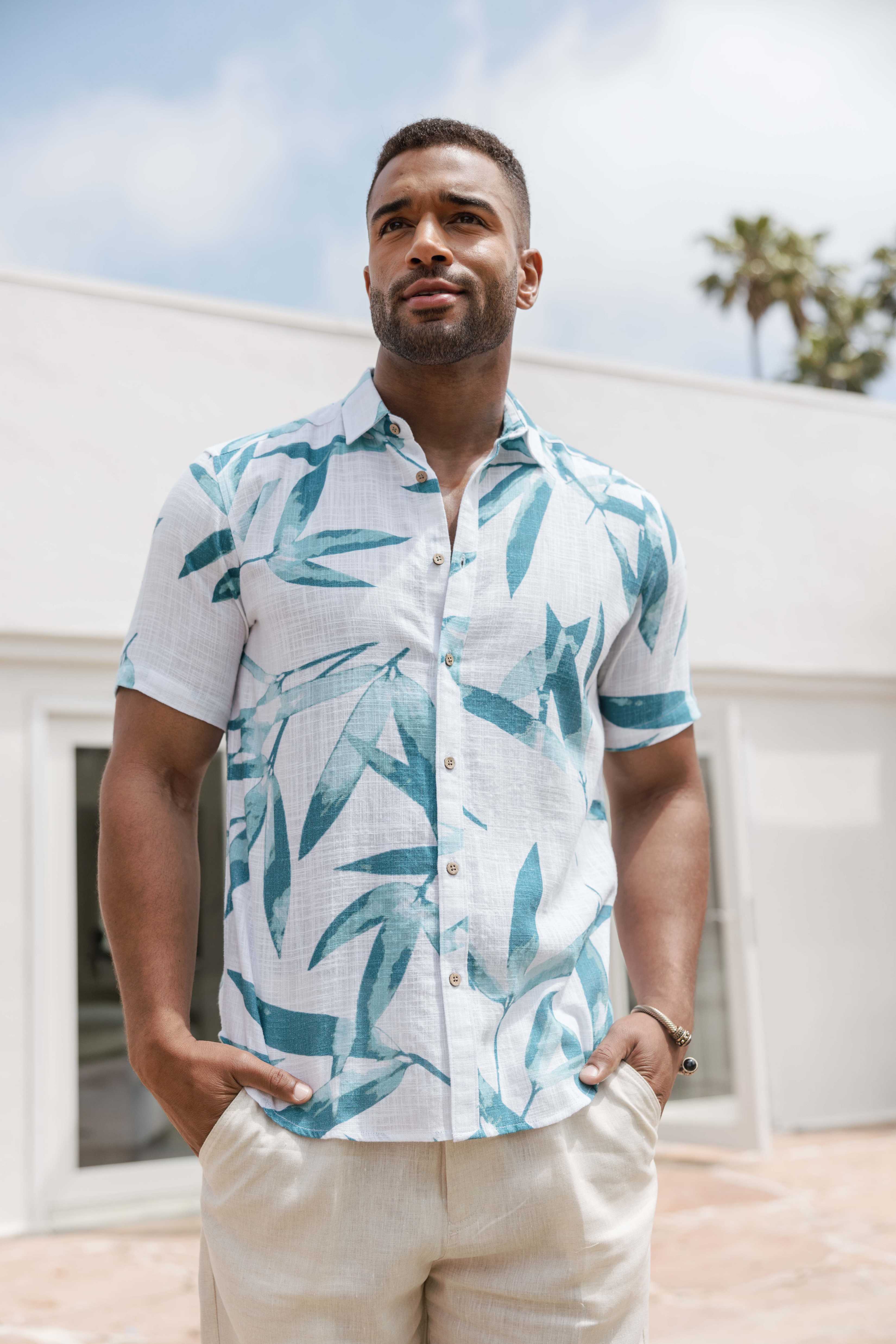 Mojito Men's Resort Style Casual Linen Blend Colorful Tropical Leaf Print Shirt