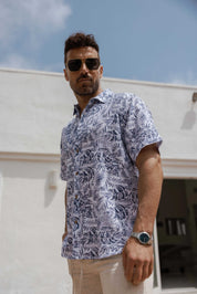 Men's Resort Style Casual Linen Blend Leafy Print Shirt