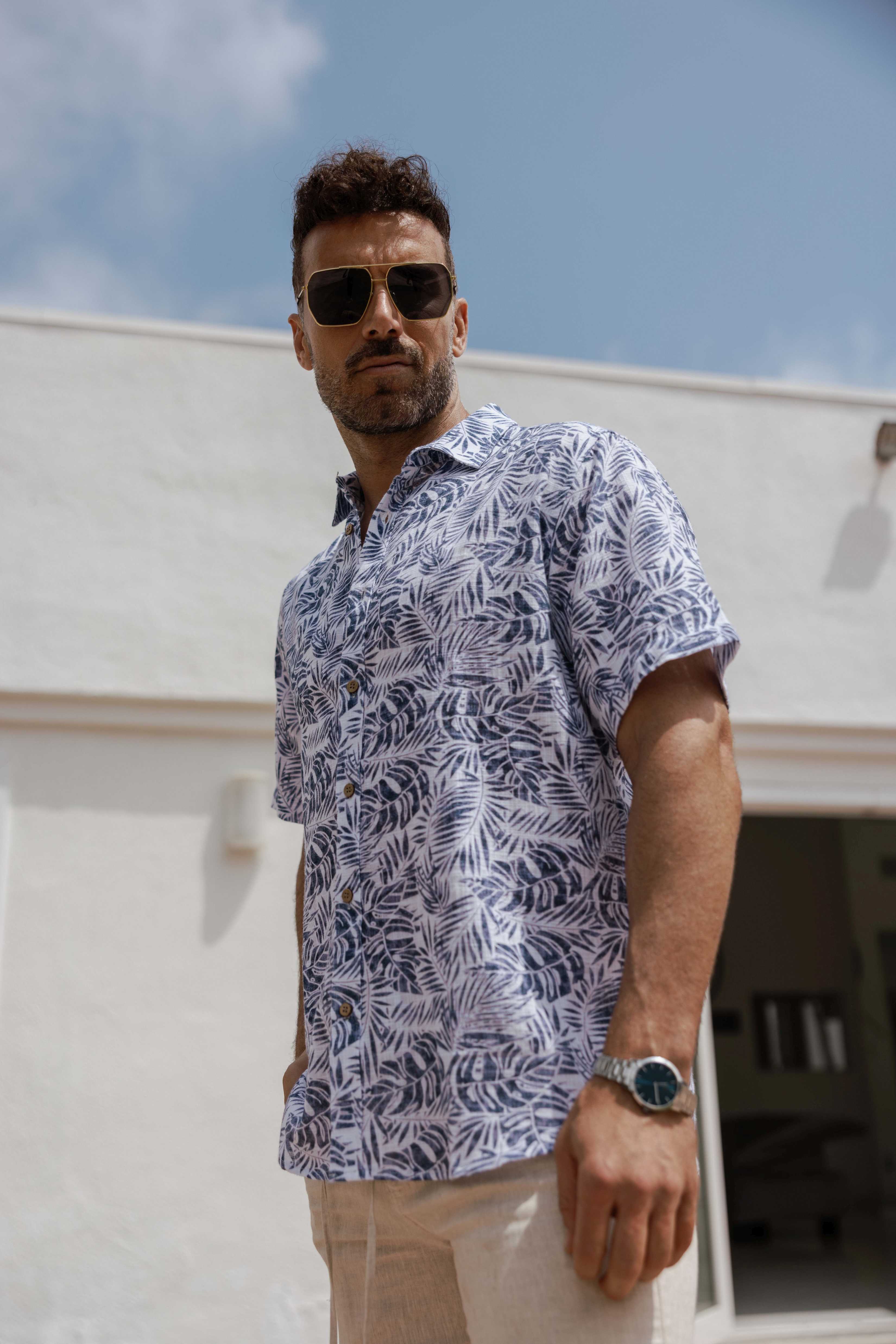 Men's Resort Style Casual Linen Blend Leafy Print Shirt