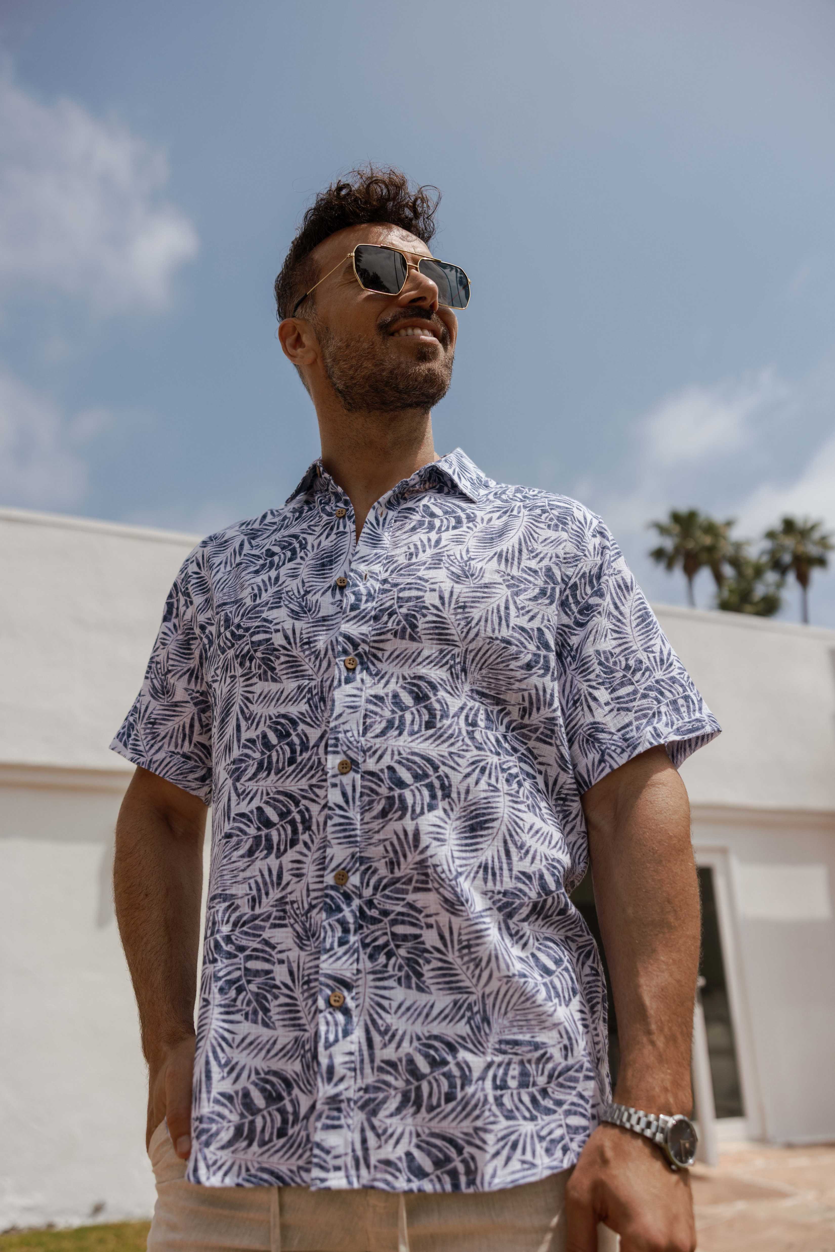 Men's Resort Style Casual Linen Blend Leafy Print Shirt
